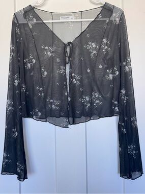 Arizona Jean Co Sheer Mesh Floral Tie-Front Top in Black and White - Size L